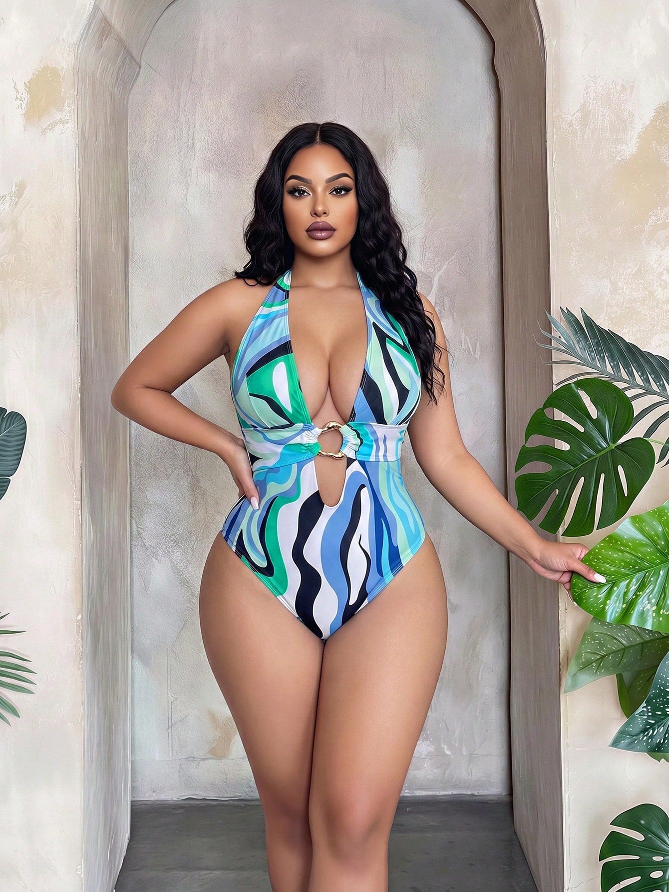 Slaydiva 2026 New Women's Spring/Summer Halter Neck Wavy Print Beach Swimsuit, Plus Size
