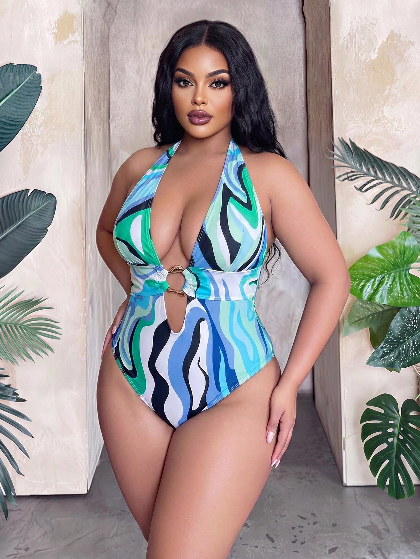 Slaydiva 2026 New Women's Spring/Summer Halter Neck Wavy Print Beach Swimsuit, Plus Size