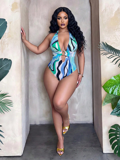 Slaydiva 2026 New Women's Spring/Summer Halter Neck Wavy Print Beach Swimsuit, Plus Size