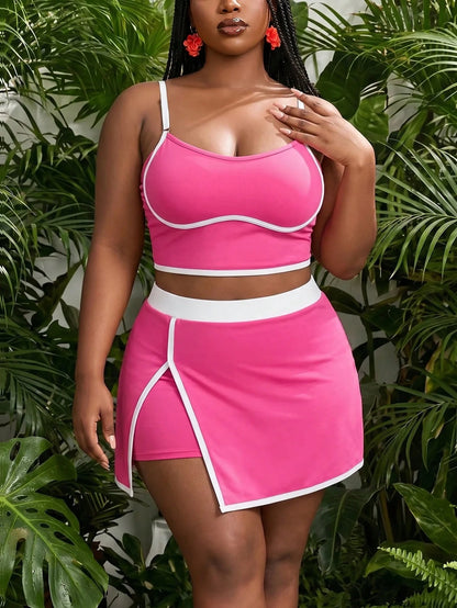 Slaydiva 2026 Summer New Plus Size Women's 3-Piece Pink Bandeau Bikini Set With High Waist Triangle Bottom And 5-Split Hem Mini Skirt Swimsuit