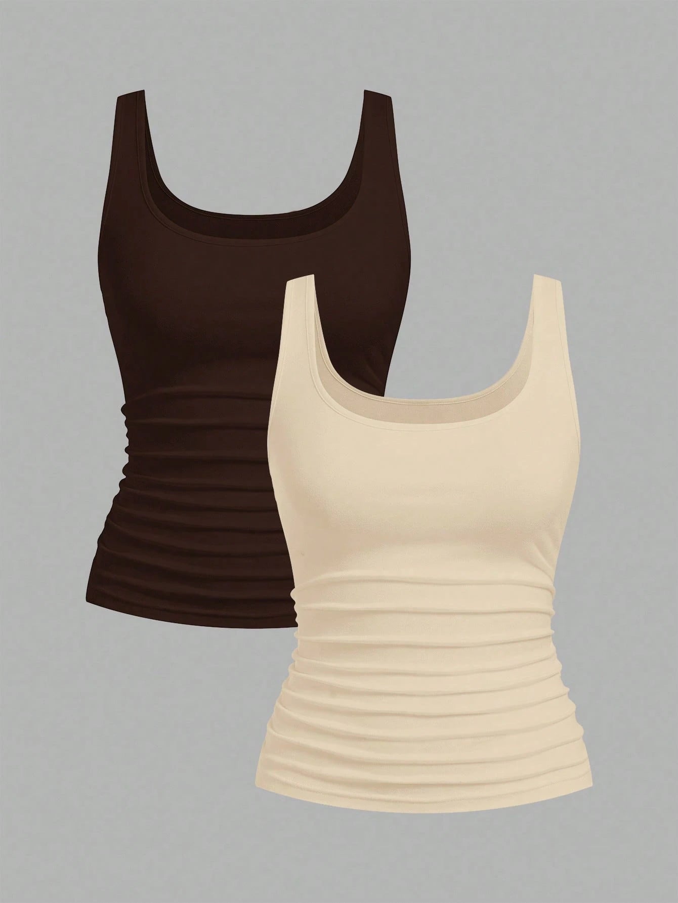 Slaydiva 2pcs Women Casual Loose Scoop Neck Sleeveless Tank Top Set, Dark Brown & Light Apricot, Versatile For Daily Wear Beach