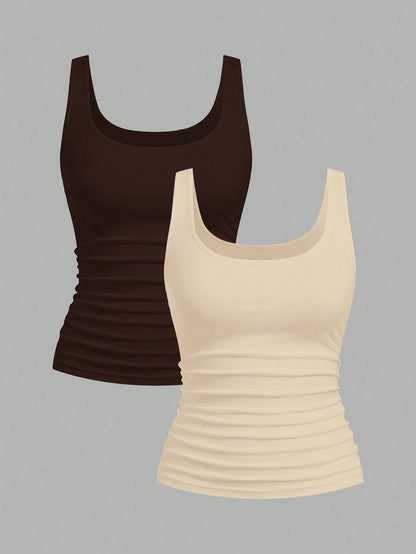 Slaydiva 2pcs Women Casual Loose Scoop Neck Sleeveless Tank Top Set, Dark Brown & Light Apricot, Versatile For Daily Wear Beach