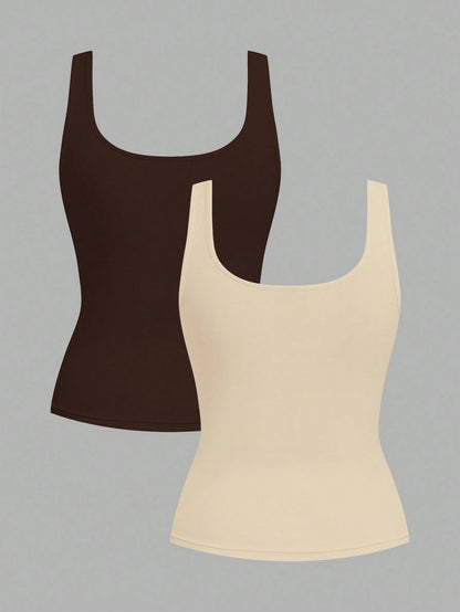 Slaydiva 2pcs Women Casual Loose Scoop Neck Sleeveless Tank Top Set, Dark Brown & Light Apricot, Versatile For Daily Wear Beach