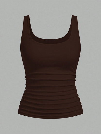 Slaydiva 2pcs Women Casual Loose Scoop Neck Sleeveless Tank Top Set, Dark Brown & Light Apricot, Versatile For Daily Wear Beach