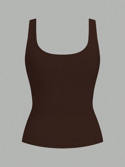 Slaydiva 2pcs Women Casual Loose Scoop Neck Sleeveless Tank Top Set, Dark Brown & Light Apricot, Versatile For Daily Wear Beach