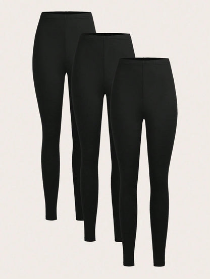 Slaydiva 3pcs Black Casual Solid Color Knit Leggings, Skinny Fit, Long Style, Spring/Summer