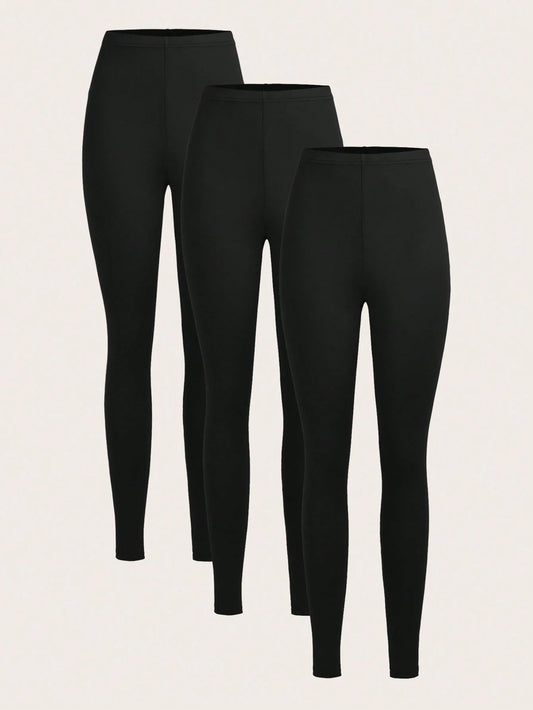 Slaydiva 3pcs Black Casual Solid Color Knit Leggings, Skinny Fit, Long Style, Spring/Summer