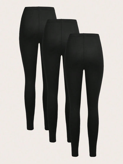 Slaydiva 3pcs Black Casual Solid Color Knit Leggings, Skinny Fit, Long Style, Spring/Summer