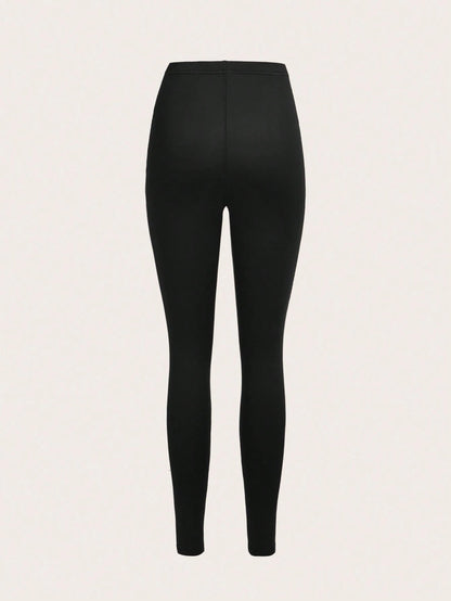Slaydiva 3pcs Black Casual Solid Color Knit Leggings, Skinny Fit, Long Style, Spring/Summer