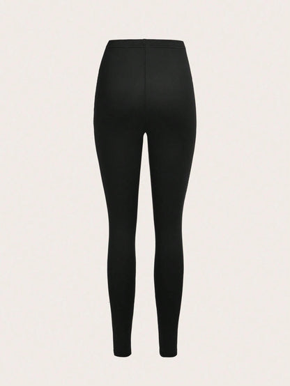 Slaydiva 3pcs Black Casual Solid Color Knit Leggings, Skinny Fit, Long Style, Spring/Summer