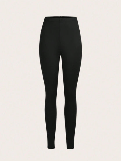 Slaydiva 3pcs Black Casual Solid Color Knit Leggings, Skinny Fit, Long Style, Spring/Summer
