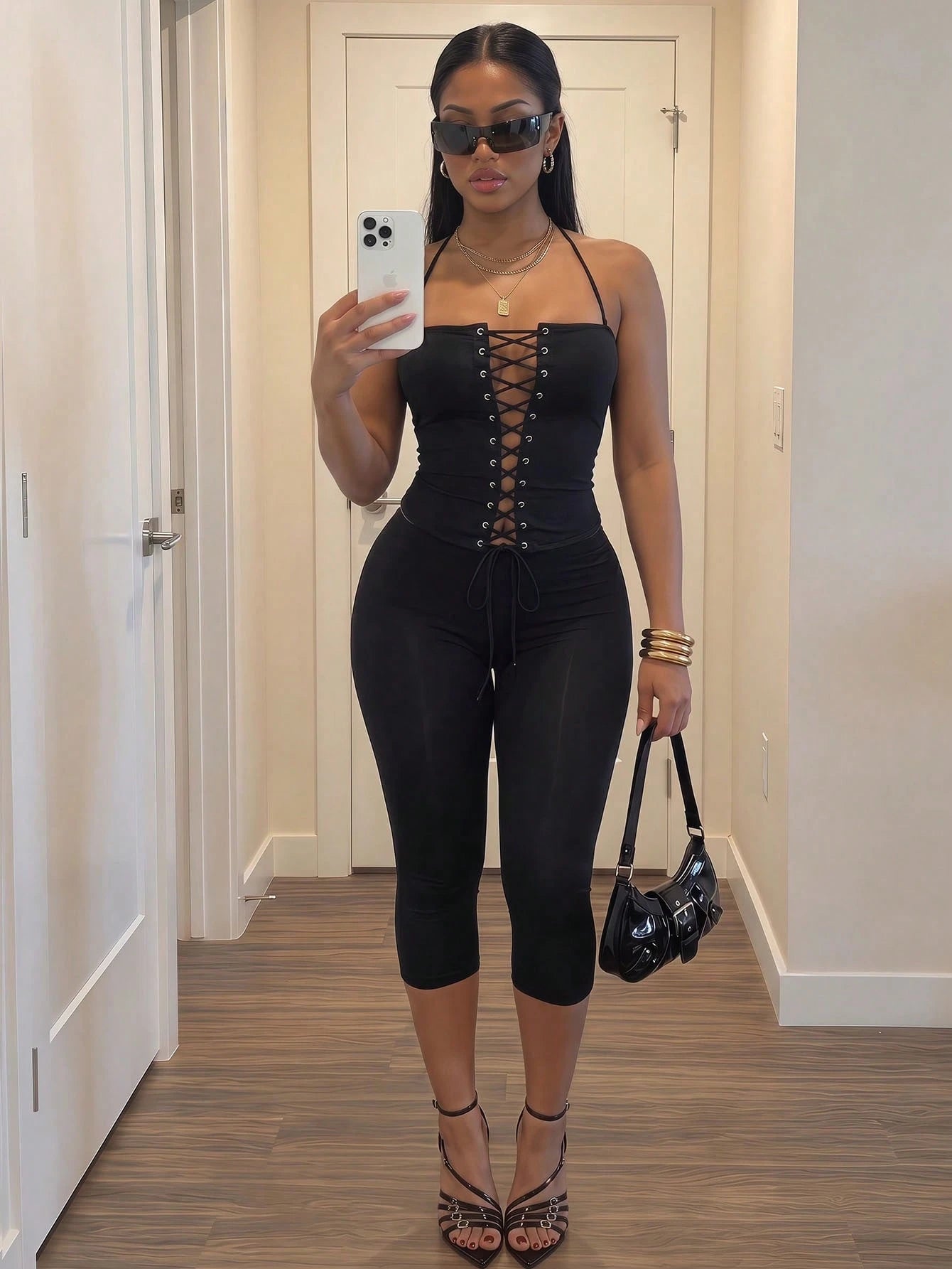 Slaydiva Black Strapless Eyelet Lace-Up Corset Capri Pants Set- Sexy Bandage Bodycon 2 Pieces Outfit For Women-A,Summer Outfits For Women Night Out Club