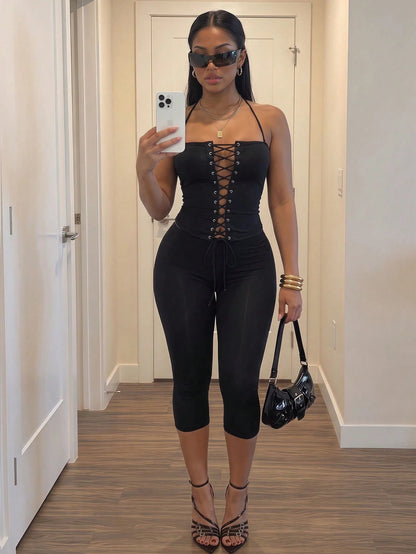 Slaydiva Black Strapless Eyelet Lace-Up Corset Capri Pants Set- Sexy Bandage Bodycon 2 Pieces Outfit For Women-A,Summer Outfits For Women Night Out Club