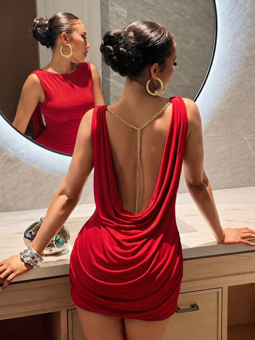 Slaydiva Boat Neck Birthday Party Cocktail Valentine's Day Halloween Christmas Wedding Sleeveless Ruched Waist Backless Metal Chain Side Gathered Shiny Ice Silk Red Mini Short Dress-A