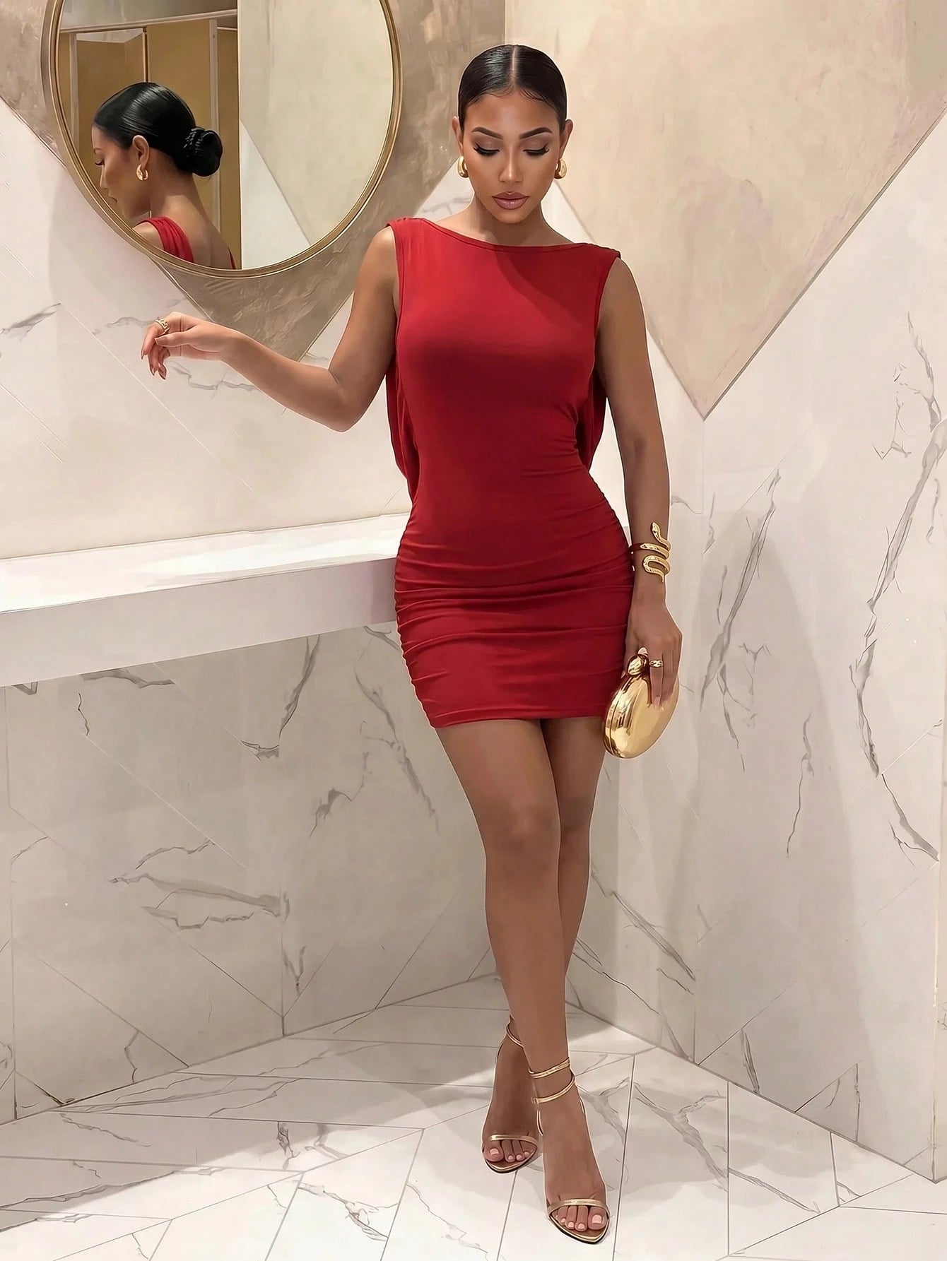 Slaydiva Boat Neck Birthday Party Cocktail Valentine's Day Halloween Christmas Wedding Sleeveless Ruched Waist Backless Metal Chain Side Gathered Shiny Ice Silk Red Mini Short Dress-A