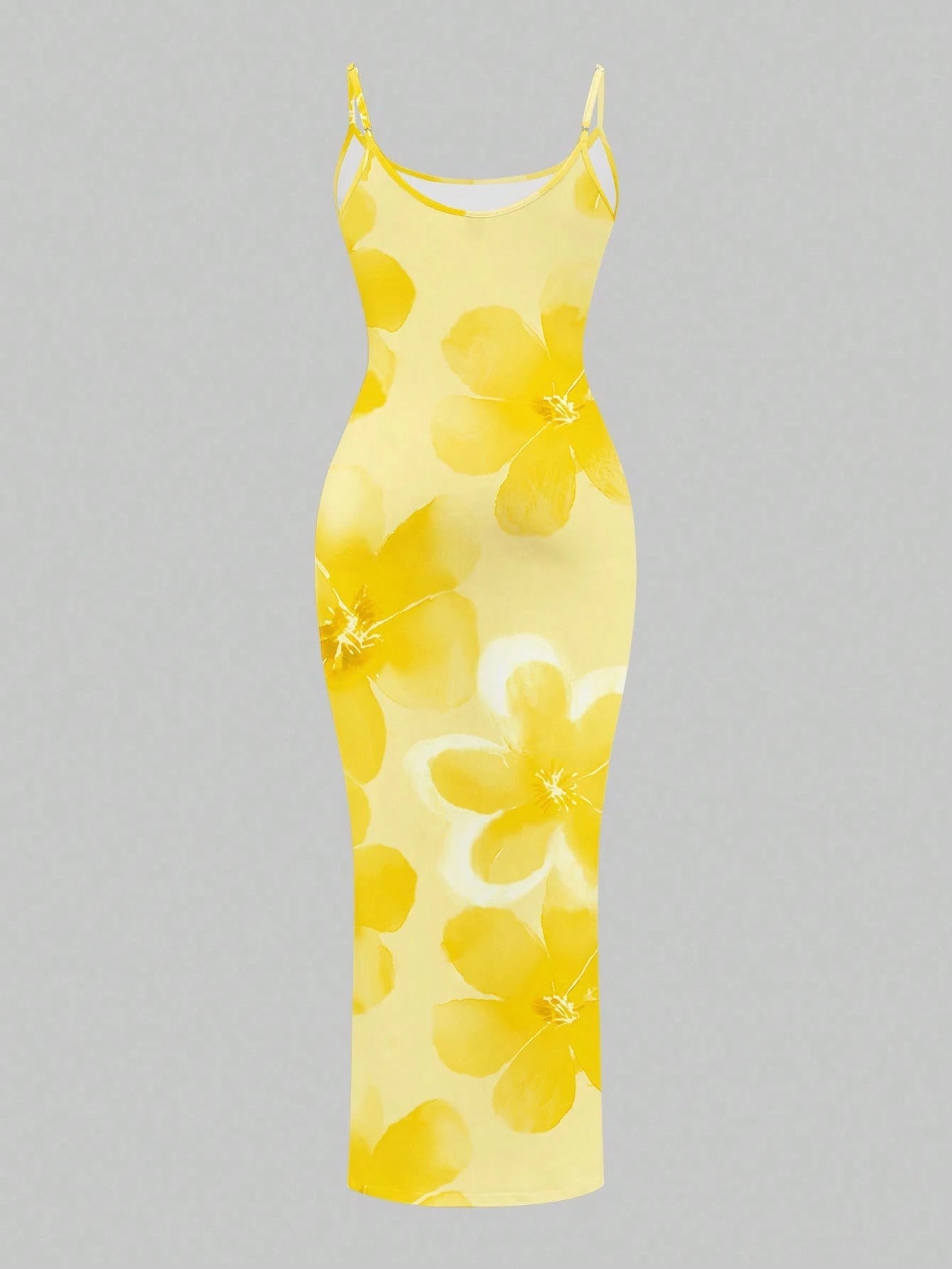 Slaydiva Casual Floral Print Camisole Bodycon Long Dress For Women, Summer Yellow Suitable Chic