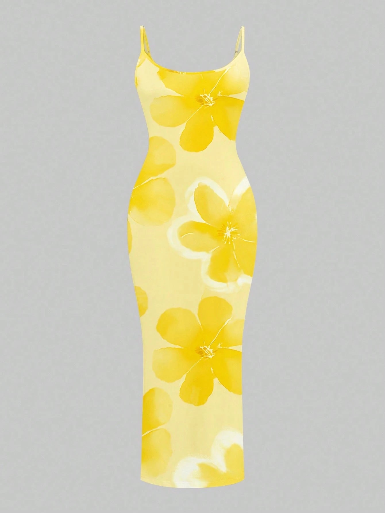 Slaydiva Casual Floral Print Camisole Bodycon Long Dress For Women, Summer Yellow Suitable Chic