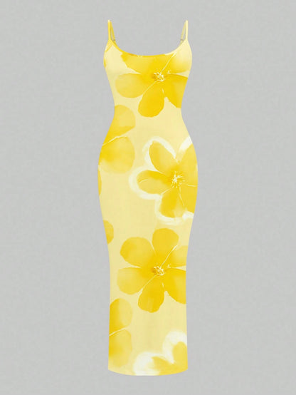Slaydiva Casual Floral Print Camisole Bodycon Long Dress For Women, Summer Yellow Suitable Chic