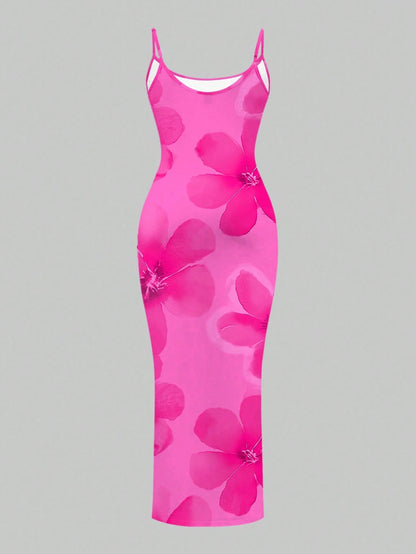 Slaydiva Casual Floral Print Camisole Bodycon Long Dress For Women, Summer Yellow Suitable Chic