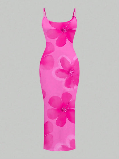 Slaydiva Casual Floral Print Camisole Bodycon Long Dress For Women, Summer Yellow Suitable Chic