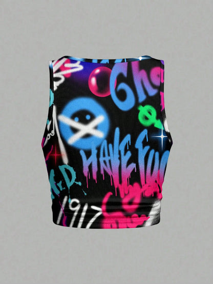 Slaydiva Casual Graffiti Print Plus Size Tank Top, Suitable For Summer Party