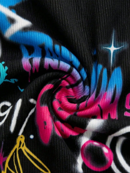 Slaydiva Casual Graffiti Print Plus Size Tank Top, Suitable For Summer Party