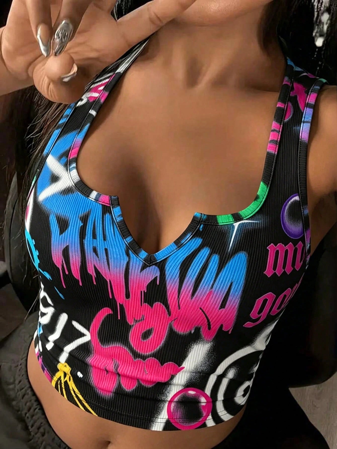 Slaydiva Casual Graffiti Print Plus Size Tank Top, Suitable For Summer Party