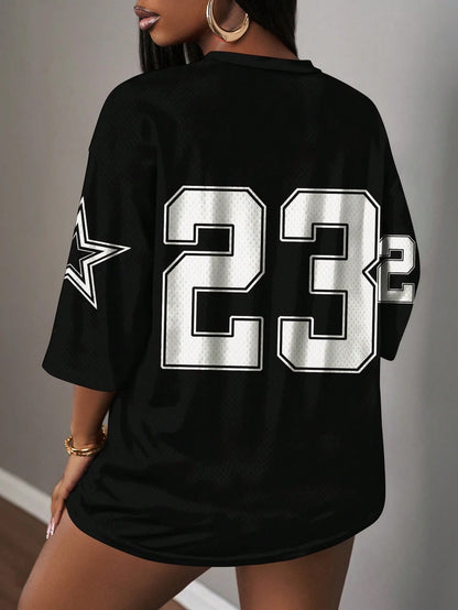 Slaydiva Casual Minimalist Letter & Number Graphic 23 Black T-Shirt Suitable For Summer, Sporty Apparel