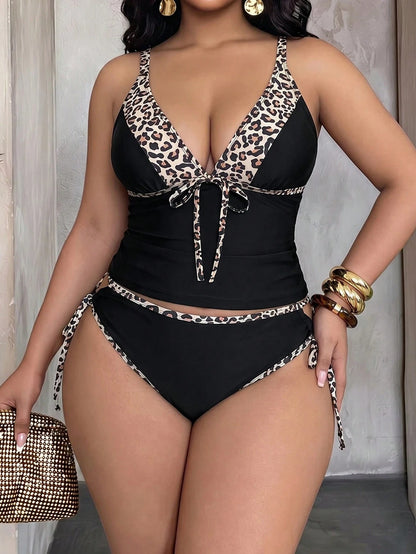 Slaydiva Plus Size 2pcs Bikini Set,Leopard Print Patchwork Black,Deep V-Neck,Adjustable Straps,Tie-Up Triangle Bottoms,Summer Beach Vacation Holiday Swimwear