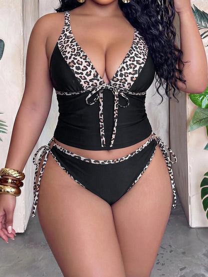 Slaydiva Plus Size 2pcs Bikini Set,Leopard Print Patchwork Black,Deep V-Neck,Adjustable Straps,Tie-Up Triangle Bottoms,Summer Beach Vacation Holiday Swimwear