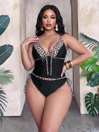 Slaydiva Plus Size 2pcs Bikini Set,Leopard Print Patchwork Black,Deep V-Neck,Adjustable Straps,Tie-Up Triangle Bottoms,Summer Beach Vacation Holiday Swimwear