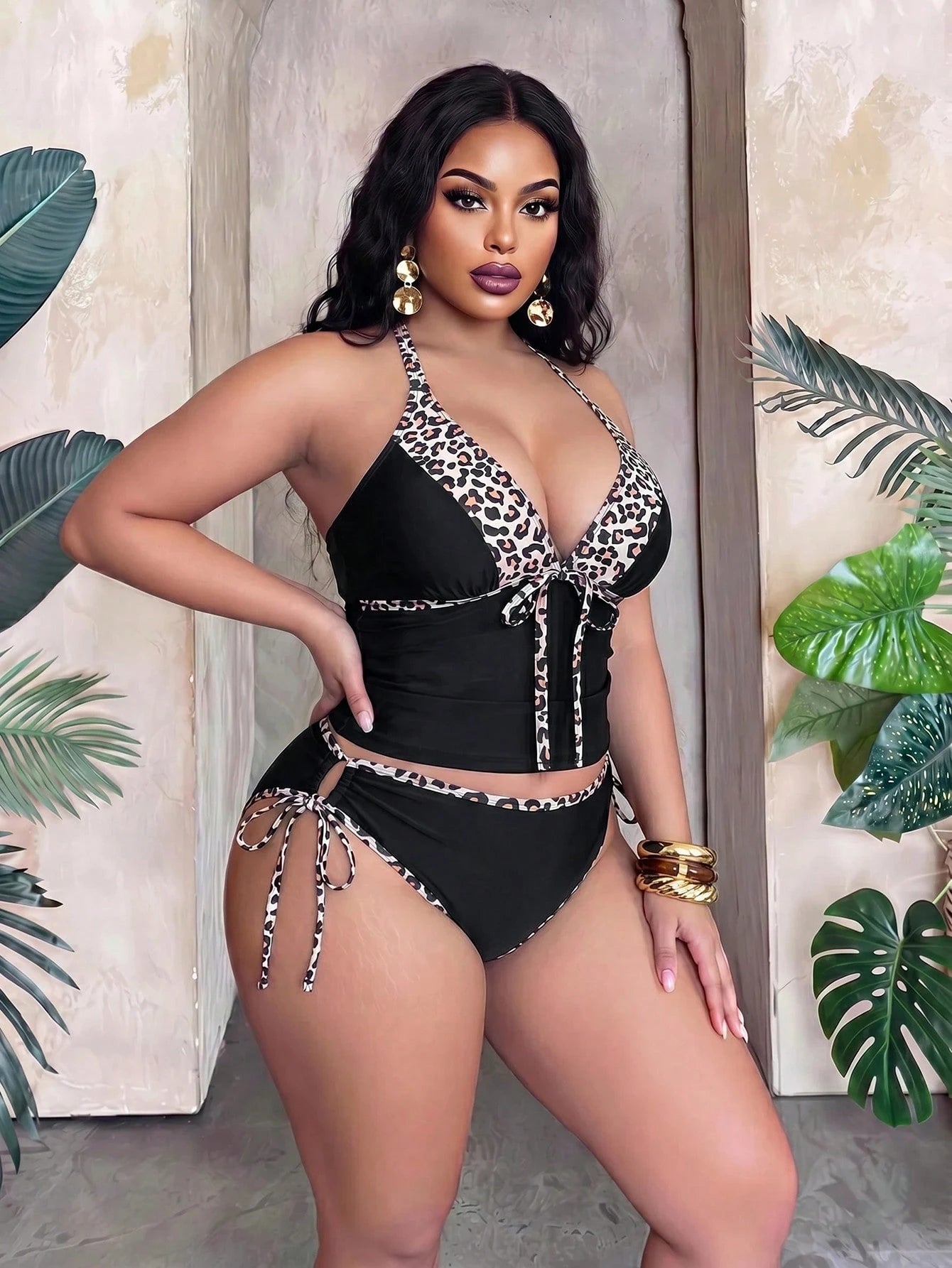 Slaydiva Plus Size 2pcs Bikini Set,Leopard Print Patchwork Black,Deep V-Neck,Adjustable Straps,Tie-Up Triangle Bottoms,Summer Beach Vacation Holiday Swimwear