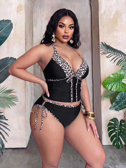 Slaydiva Plus Size 2pcs Bikini Set,Leopard Print Patchwork Black,Deep V-Neck,Adjustable Straps,Tie-Up Triangle Bottoms,Summer Beach Vacation Holiday Swimwear