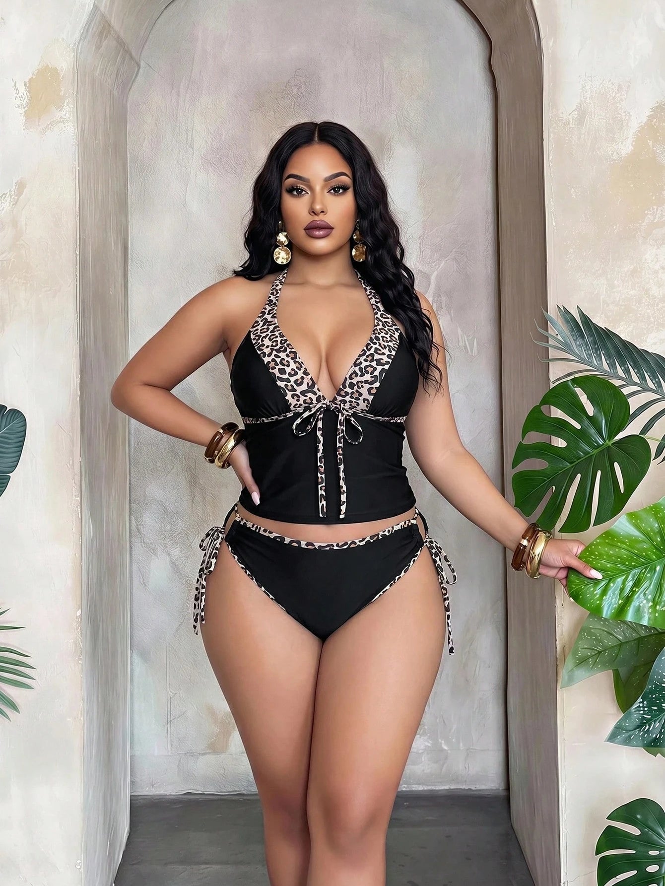 Slaydiva Plus Size 2pcs Bikini Set,Leopard Print Patchwork Black,Deep V-Neck,Adjustable Straps,Tie-Up Triangle Bottoms,Summer Beach Vacation Holiday Swimwear