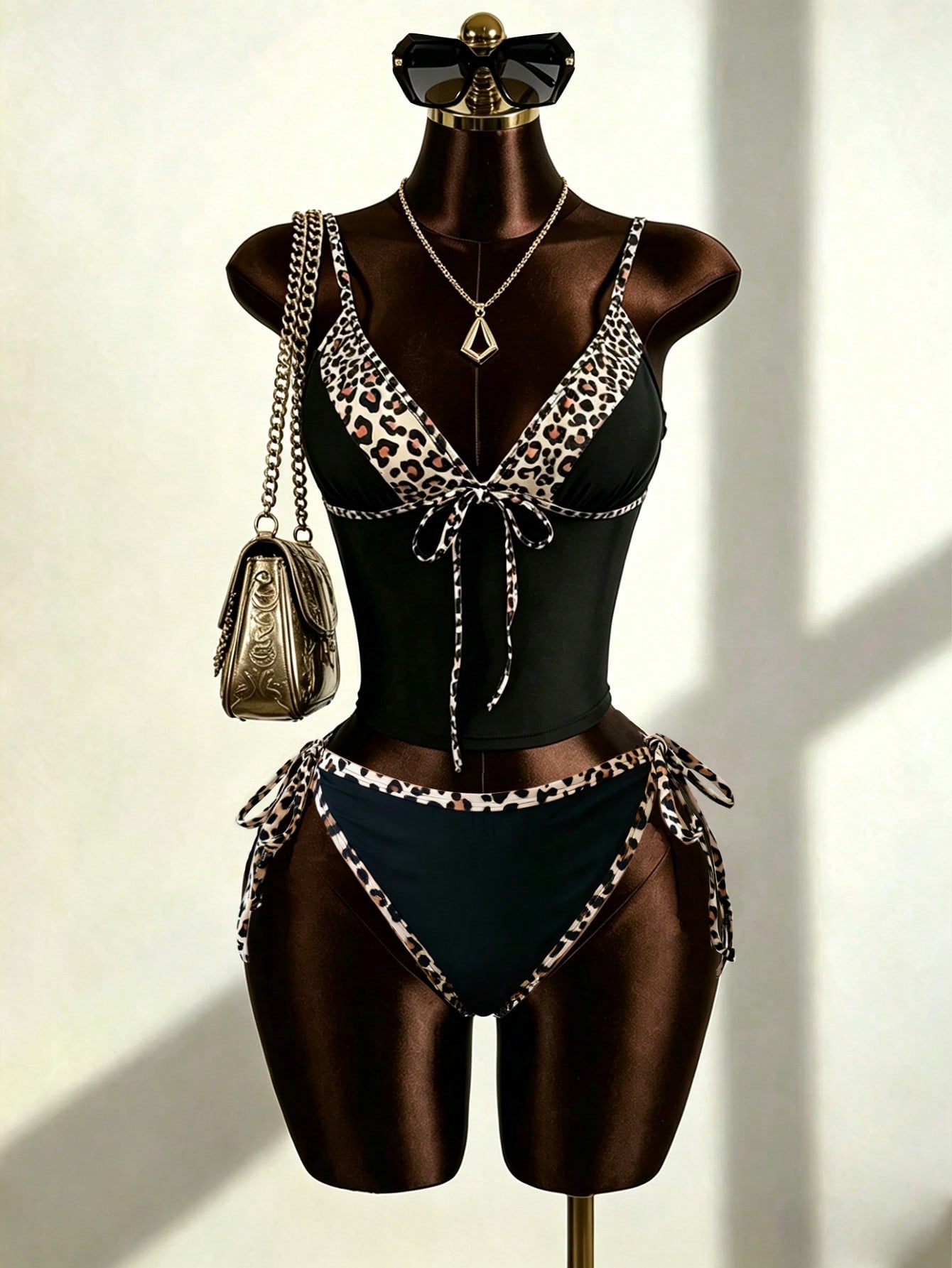 Slaydiva Plus Size 2pcs Bikini Set,Leopard Print Patchwork Black,Deep V-Neck,Adjustable Straps,Tie-Up Triangle Bottoms,Summer Beach Vacation Holiday Swimwear