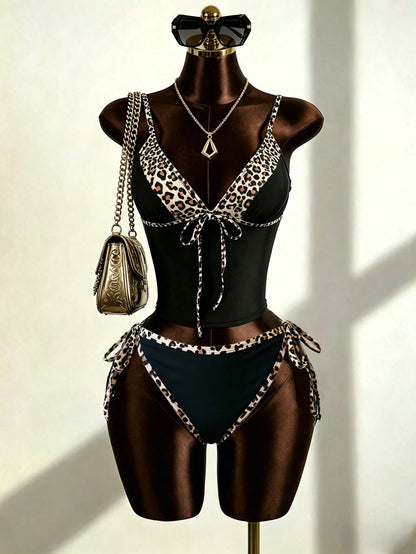 Slaydiva Plus Size 2pcs Bikini Set,Leopard Print Patchwork Black,Deep V-Neck,Adjustable Straps,Tie-Up Triangle Bottoms,Summer Beach Vacation Holiday Swimwear