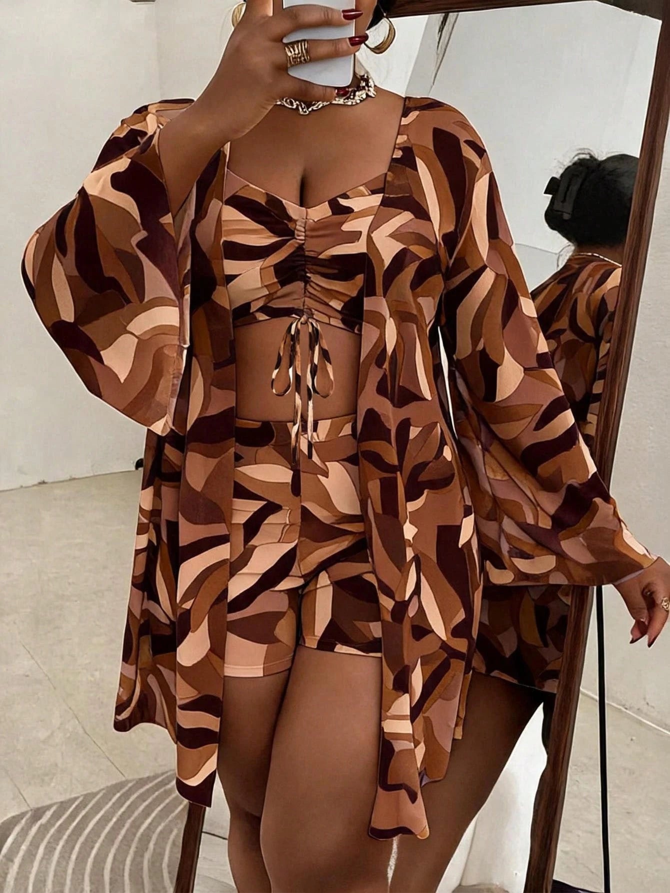 Slaydiva Plus Size 3-Piece Swimsuit Set With Cover-Up, Multi-Color Random Print, Minimalist Casual Summer Women's Vacation Beachwear