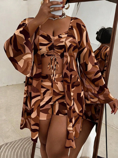 Slaydiva Plus Size 3-Piece Swimsuit Set With Cover-Up, Multi-Color Random Print, Minimalist Casual Summer Women's Vacation Beachwear