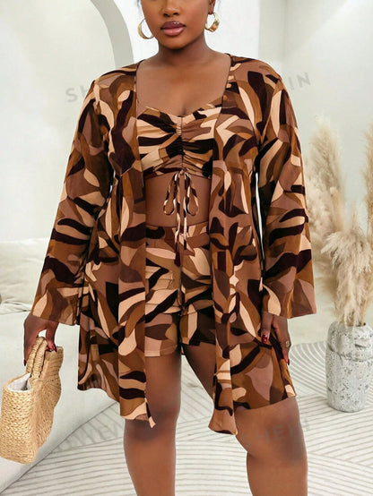 Slaydiva Plus Size 3-Piece Swimsuit Set With Cover-Up, Multi-Color Random Print, Minimalist Casual Summer Women's Vacation Beachwear
