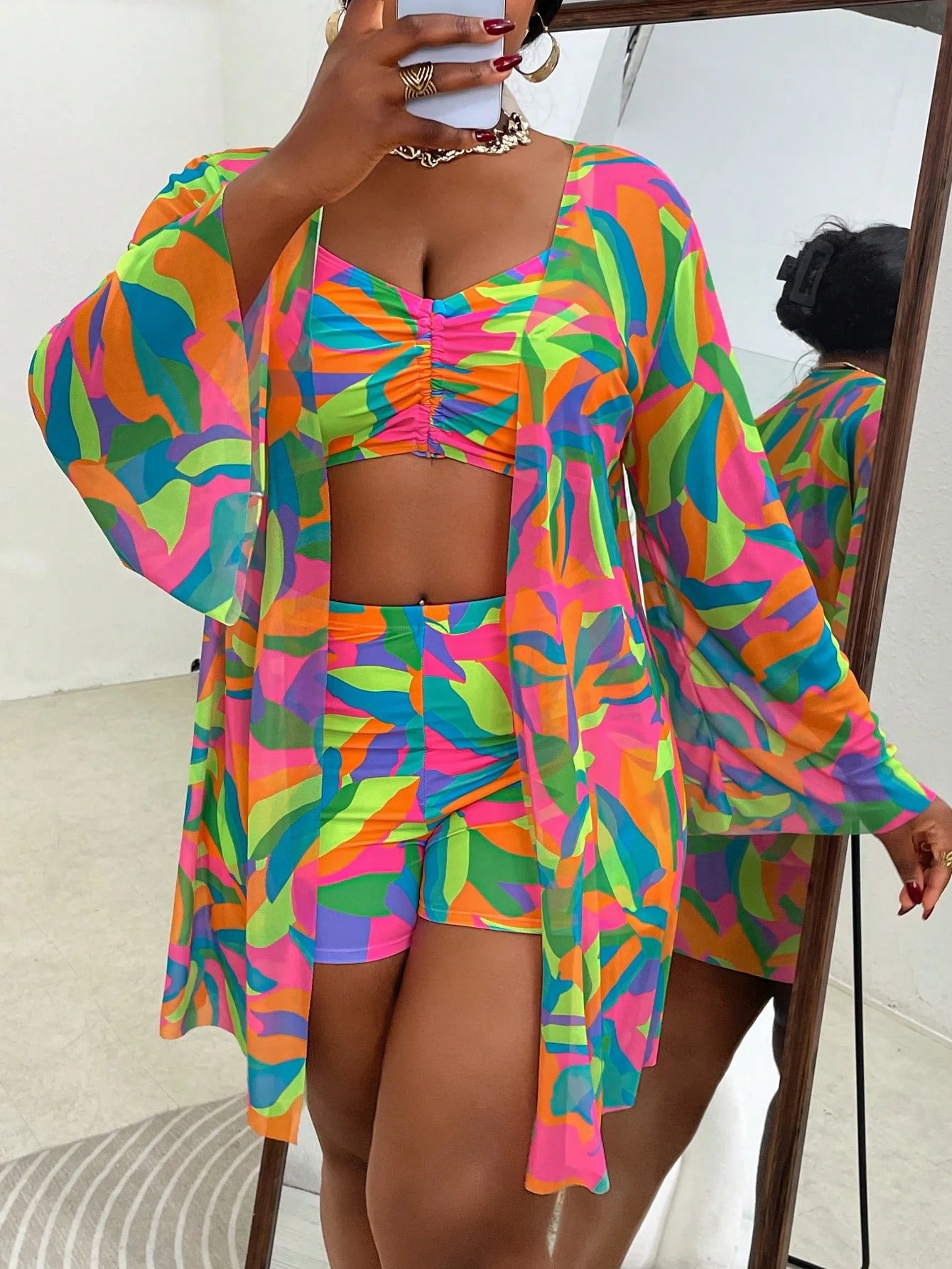 Slaydiva Plus Size 3-Piece Swimsuit Set With Cover-Up, Multi-Color Random Print, Minimalist Casual Summer Women's Vacation Beachwear