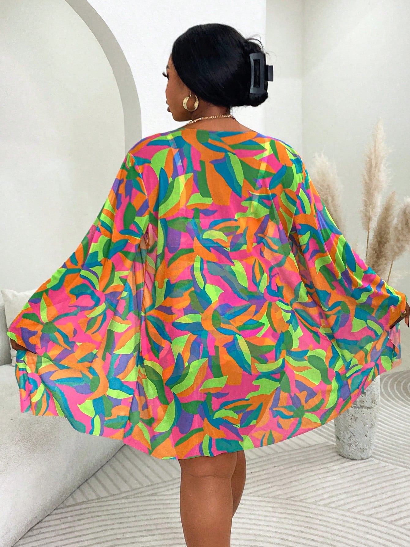 Slaydiva Plus Size 3-Piece Swimsuit Set With Cover-Up, Multi-Color Random Print, Minimalist Casual Summer Women's Vacation Beachwear