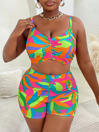 Slaydiva Plus Size 3-Piece Swimsuit Set With Cover-Up, Multi-Color Random Print, Minimalist Casual Summer Women's Vacation Beachwear