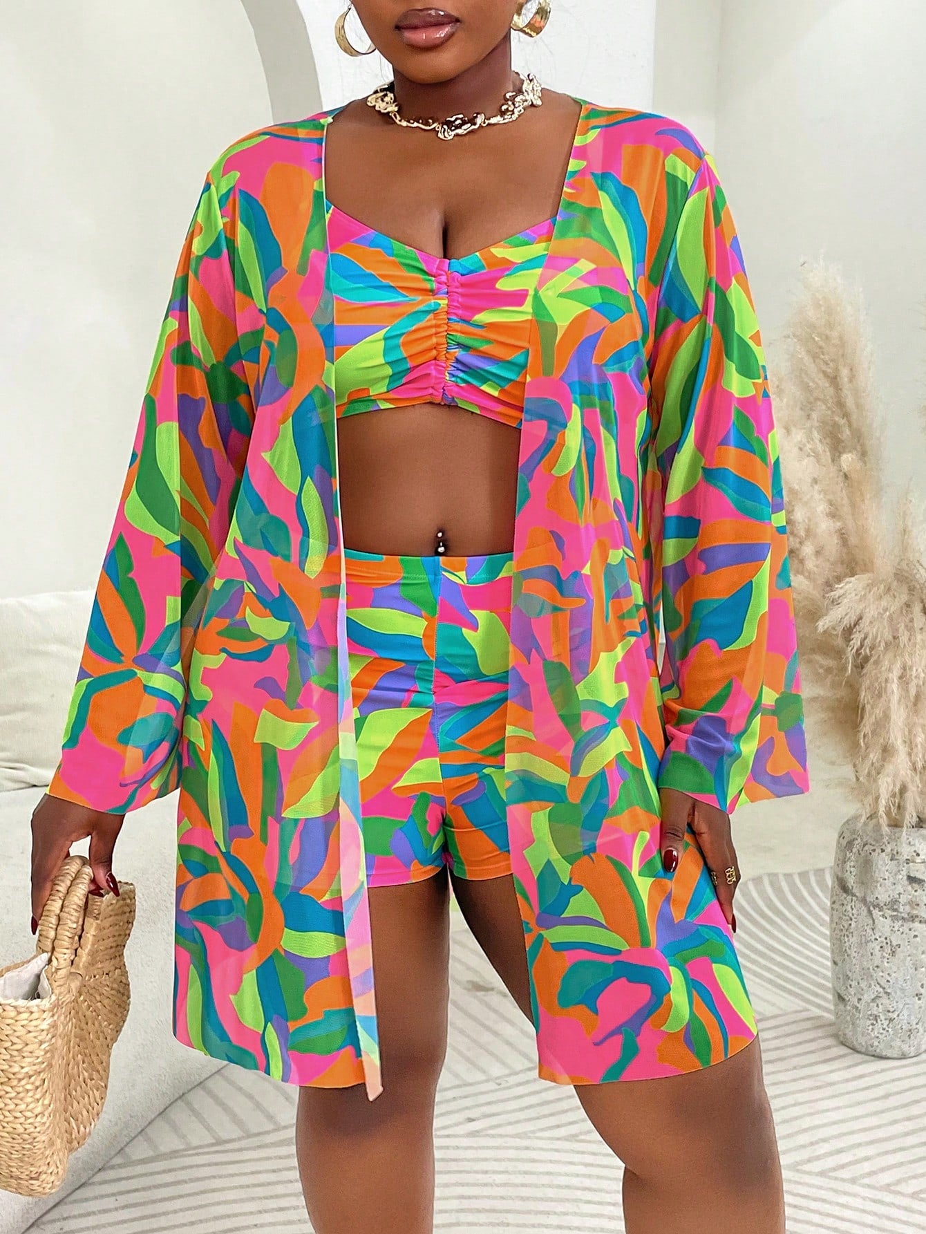 Slaydiva Plus Size 3-Piece Swimsuit Set With Cover-Up, Multi-Color Random Print, Minimalist Casual Summer Women's Vacation Beachwear