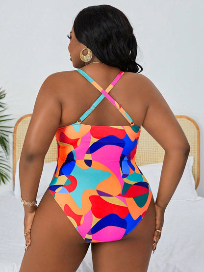 Slaydiva Plus Size Floral Print One-Piece Swimsuit, Simple & Figure-Flattering, For Summer Beach Vacation
