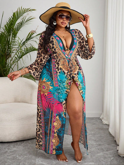Slaydiva Plus Size Leopard Print Sheer V-Neck Summer Sexy Robe