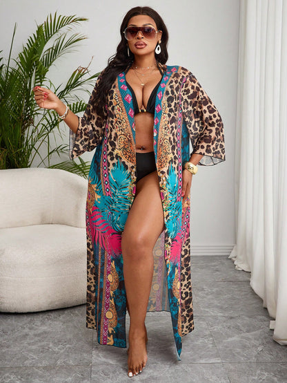 Slaydiva Plus Size Leopard Print Sheer V-Neck Summer Sexy Robe