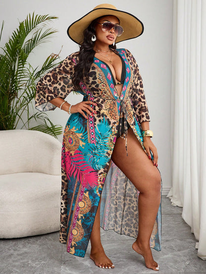 Slaydiva Plus Size Leopard Print Sheer V-Neck Summer Sexy Robe