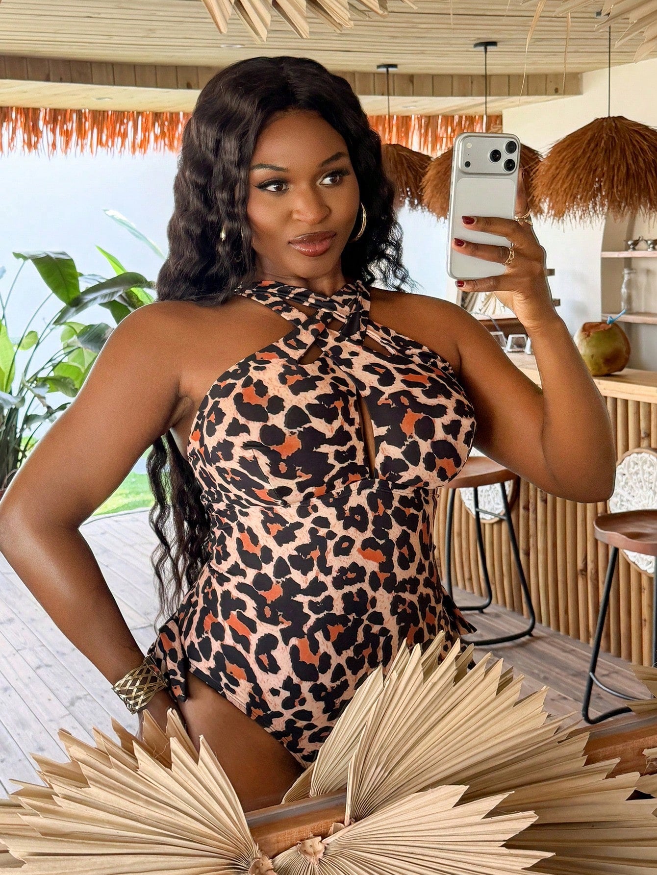Slaydiva Plus Size One-Piece Leopard Print Swimsuit,Adjustable Criss-Cross Tie Waist,Bowknot Ruched,,Beige,Summer,Beach,Vacation,Holiday & Casual Style