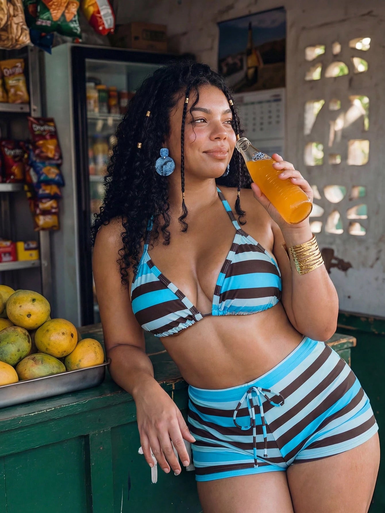 Slaydiva Plus Size Striped Swimsuit Set For Vacation And Beach