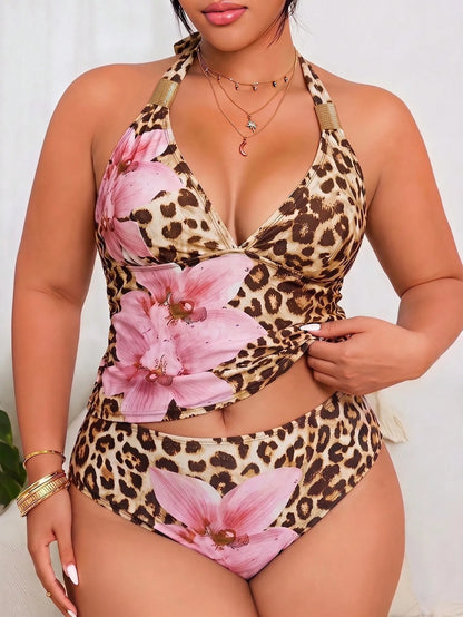 Slaydiva Plus Size Women 2-Piece Leopard Print Digital Print Deep V Neck Halter Sexy Beach Pool Tank Bikini Set